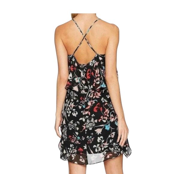 BCBGMAXAZRIA Black Floral Ruffle Cocktail Dress Sz Small Sleeveless - Picture 2 of 10